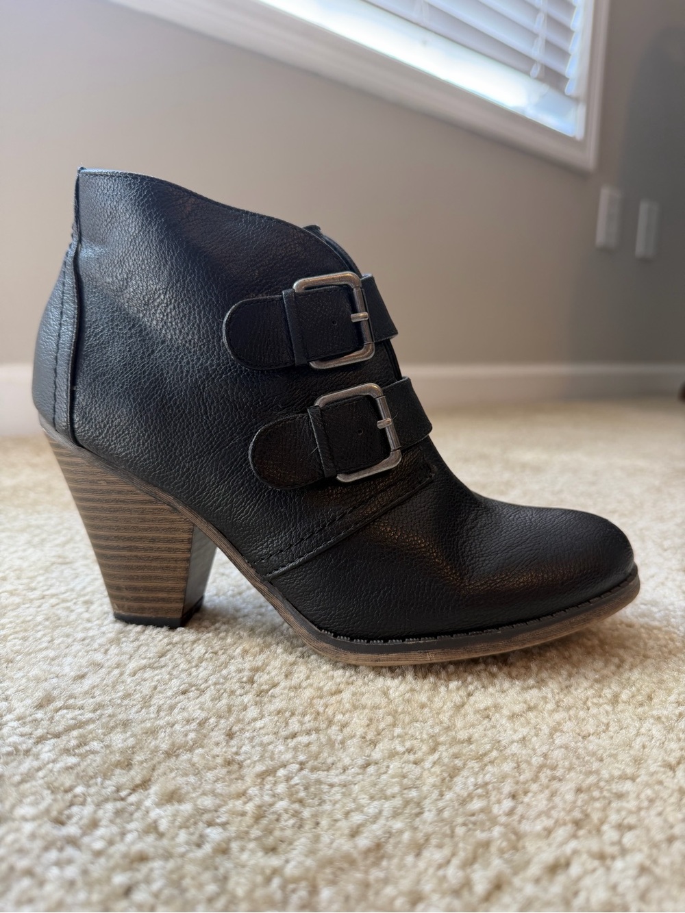 MIA Black Double Buckle Ankle Bootie with Stacked Heel